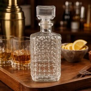 French Vintage Cut Glass Decanter Square Whiskey Bottle Made in France